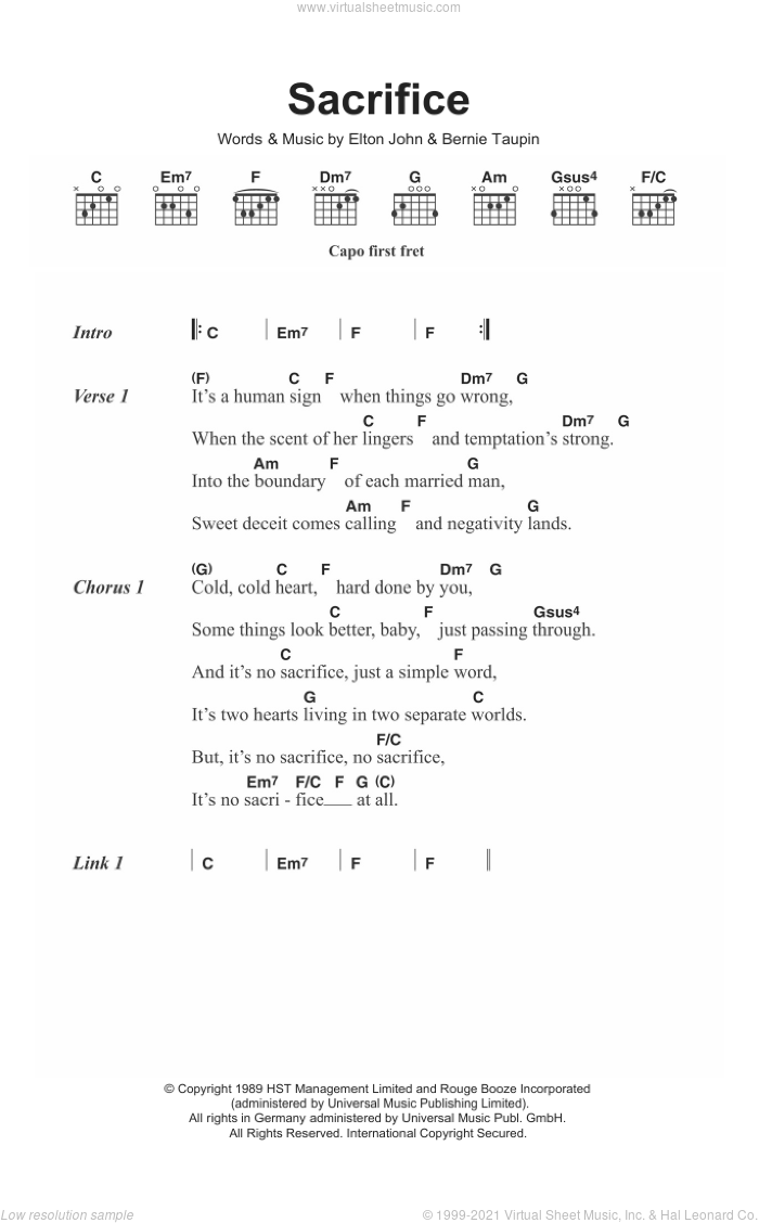 Sacrifice sheet music for guitar (chords) by Elton John and Bernie Taupin, intermediate skill level