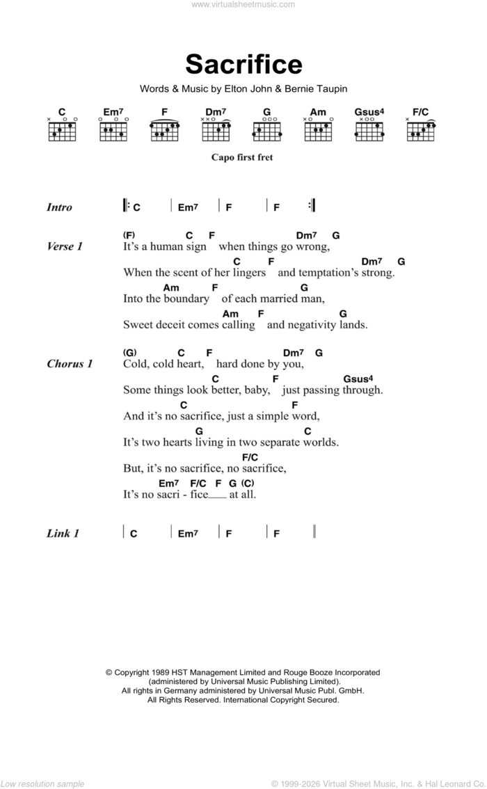 Sacrifice sheet music for guitar (chords) by Elton John and Bernie Taupin, intermediate skill level