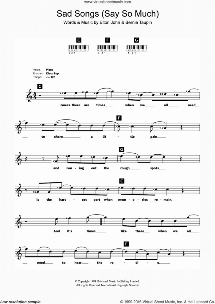 Sad Songs (Say So Much) sheet music for piano solo (chords, lyrics, melody) by Elton John and Bernie Taupin, intermediate piano (chords, lyrics, melody)