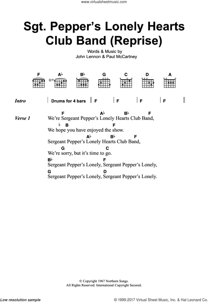 Sgt. Pepper's Lonely Hearts Club Band (Reprise) sheet music for guitar (chords) by The Beatles, John Lennon and Paul McCartney, intermediate skill level