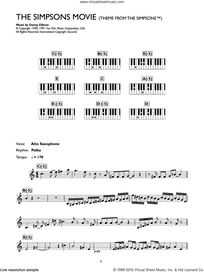 Theme From The Simpsons sheet music for piano solo (chords, lyrics, melody) by Danny Elfman, intermediate piano (chords, lyrics, melody)