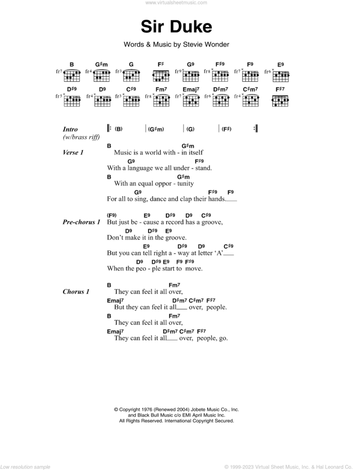 Sir Duke sheet music for guitar (chords) by Stevie Wonder, intermediate skill level