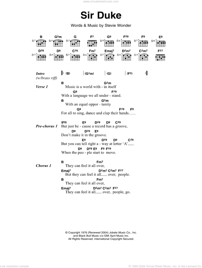 Sir Duke sheet music for guitar (chords) by Stevie Wonder, intermediate skill level