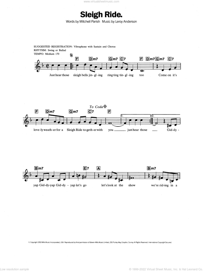 Sleigh Ride sheet music for piano solo (chords, lyrics, melody) by Leroy Anderson and Mitchell Parish, intermediate piano (chords, lyrics, melody)