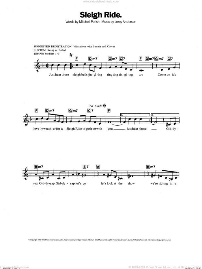 Sleigh Ride sheet music for piano solo (chords, lyrics, melody) by Leroy Anderson and Mitchell Parish, intermediate piano (chords, lyrics, melody)