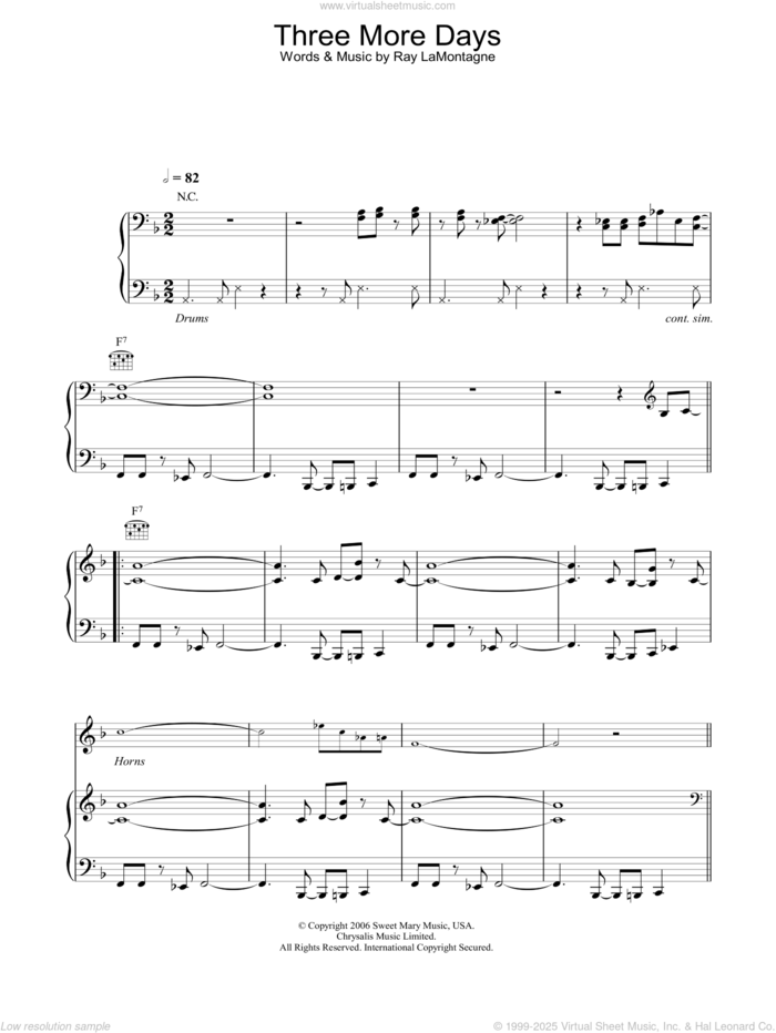 Three More Days sheet music for voice, piano or guitar by Ray LaMontagne, intermediate skill level