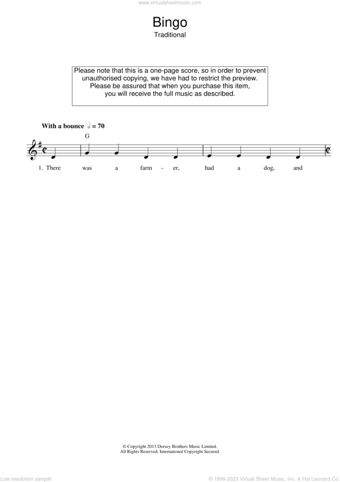 Bingo sheet music for voice and other instruments (fake book), intermediate skill level