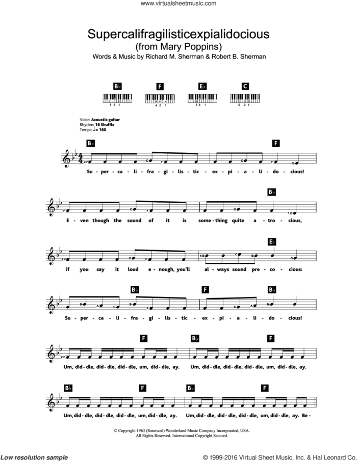 Supercalifragilisticexpialidocious (from Mary Poppins) sheet music for piano solo (chords, lyrics, melody) by Sherman Brothers, Julie Andrews, Richard M. Sherman and Robert B. Sherman, intermediate piano (chords, lyrics, melody)