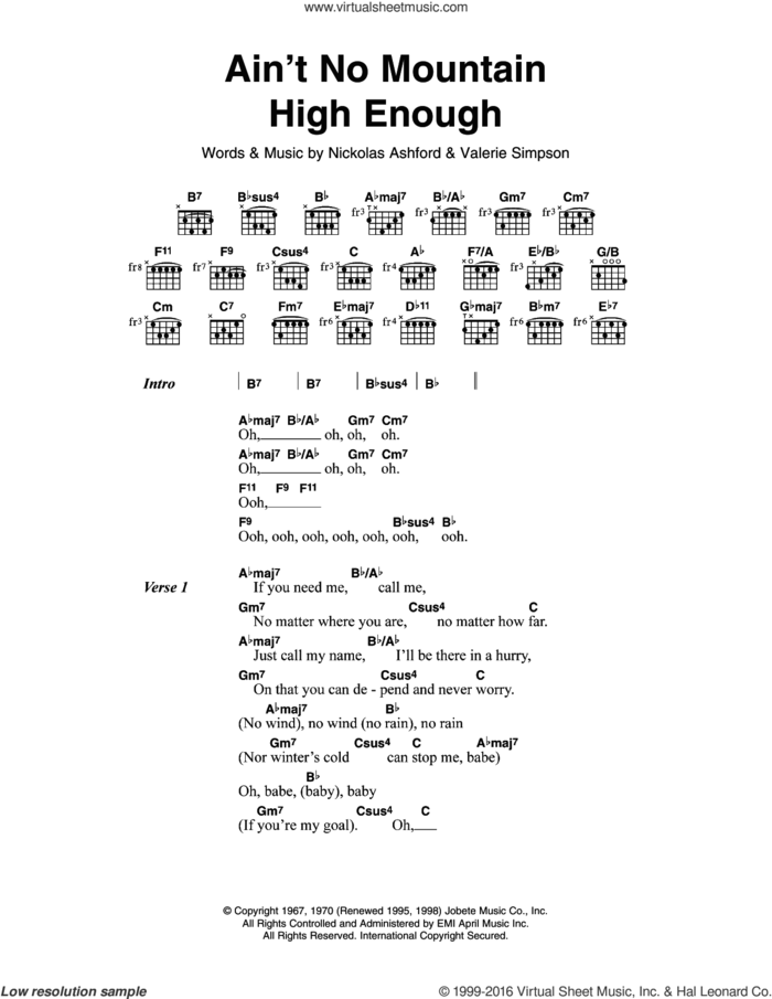 Ain't No Mountain High Enough sheet music for guitar (chords) by Diana Ross, Nickolas Ashford and Valerie Simpson, intermediate skill level