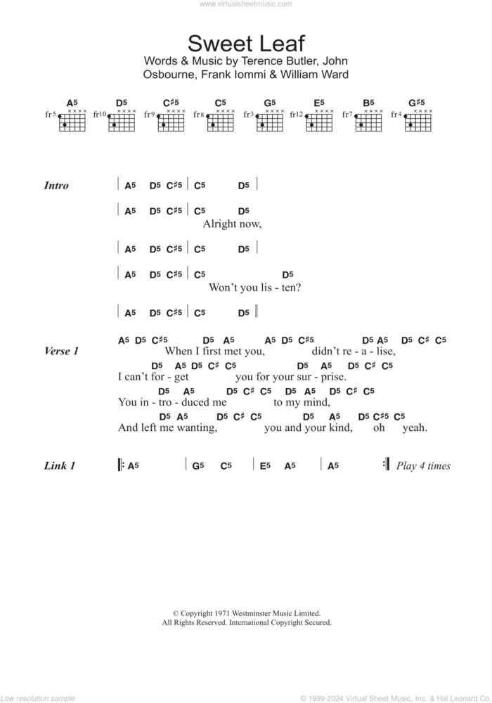 Sweet Leaf sheet music for guitar (chords) by Black Sabbath, John Osbourne, Tony Iommi and William Ward, intermediate skill level