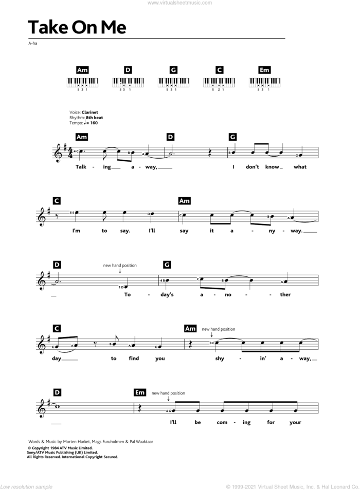 Take On Me (abridged) sheet music for piano solo (chords, lyrics, melody) by a-ha, Mags Furuholmen, Morten Harket and Pal Waaktaar, intermediate piano (chords, lyrics, melody)