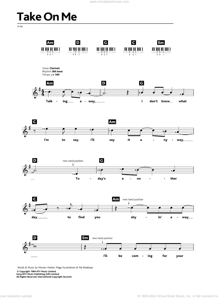 Take On Me (abridged) sheet music for piano solo (chords, lyrics, melody) by a-ha, Mags Furuholmen, Morten Harket and Pal Waaktaar, intermediate piano (chords, lyrics, melody)