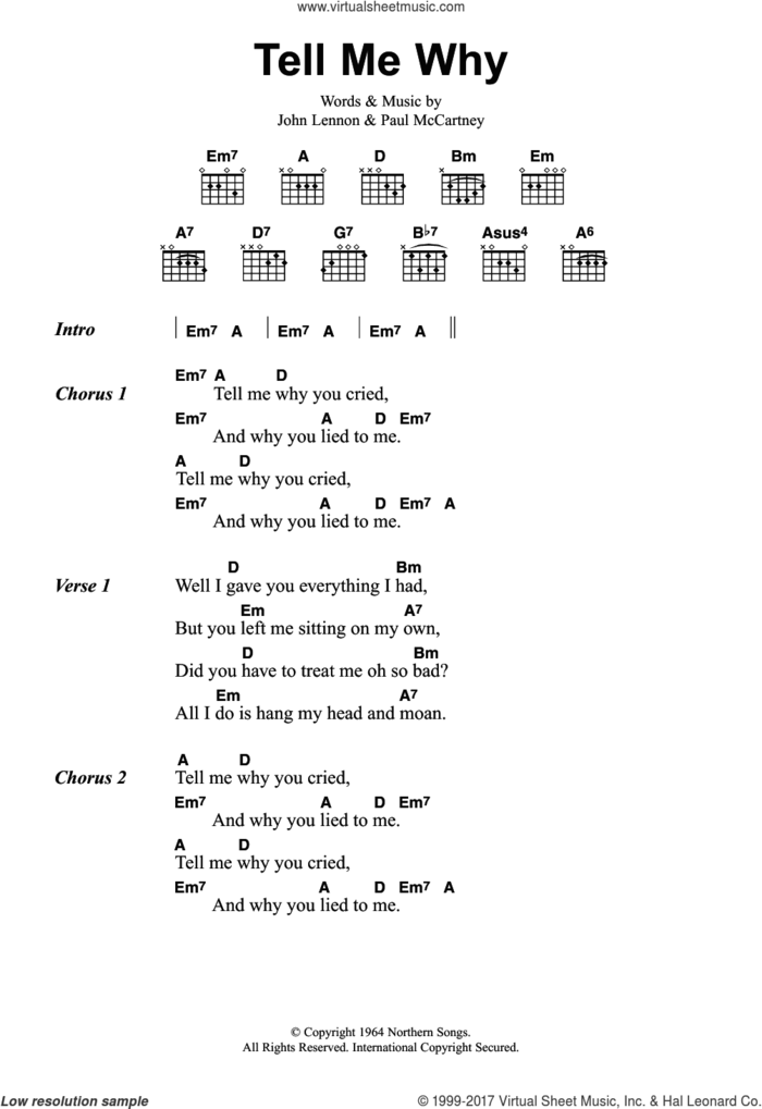 Tell Me Why sheet music for guitar (chords) by The Beatles, John Lennon and Paul McCartney, intermediate skill level