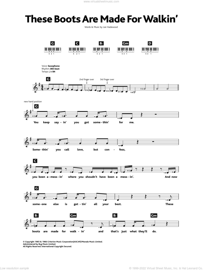 These Boots Are Made For Walking sheet music for piano solo (chords, lyrics, melody) by Nancy Sinatra and Lee Hazlewood, intermediate piano (chords, lyrics, melody)