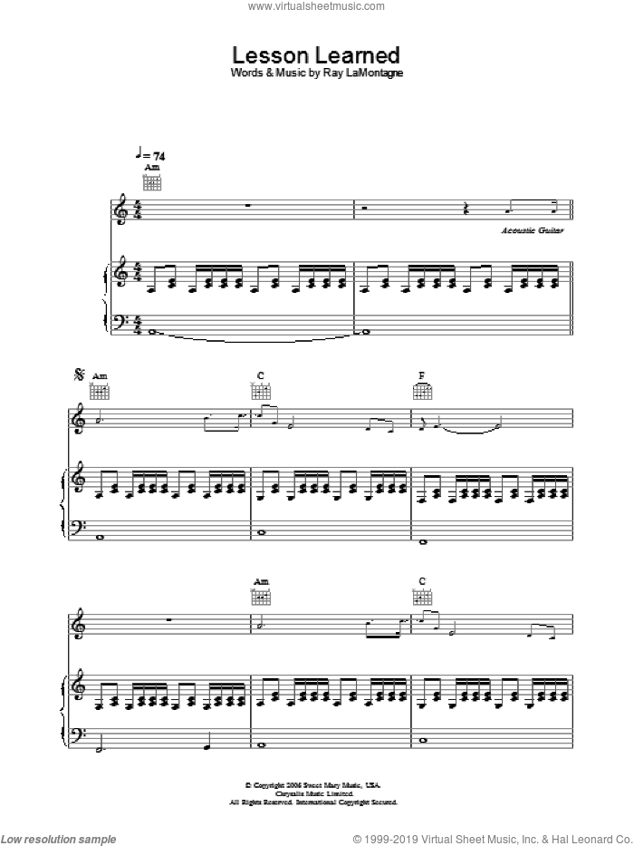 Lesson Learned sheet music for voice, piano or guitar by Ray LaMontagne, intermediate skill level