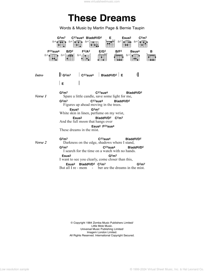 These Dreams sheet music for guitar (chords) by Heart, Bernie Taupin and Martin George Page, intermediate skill level