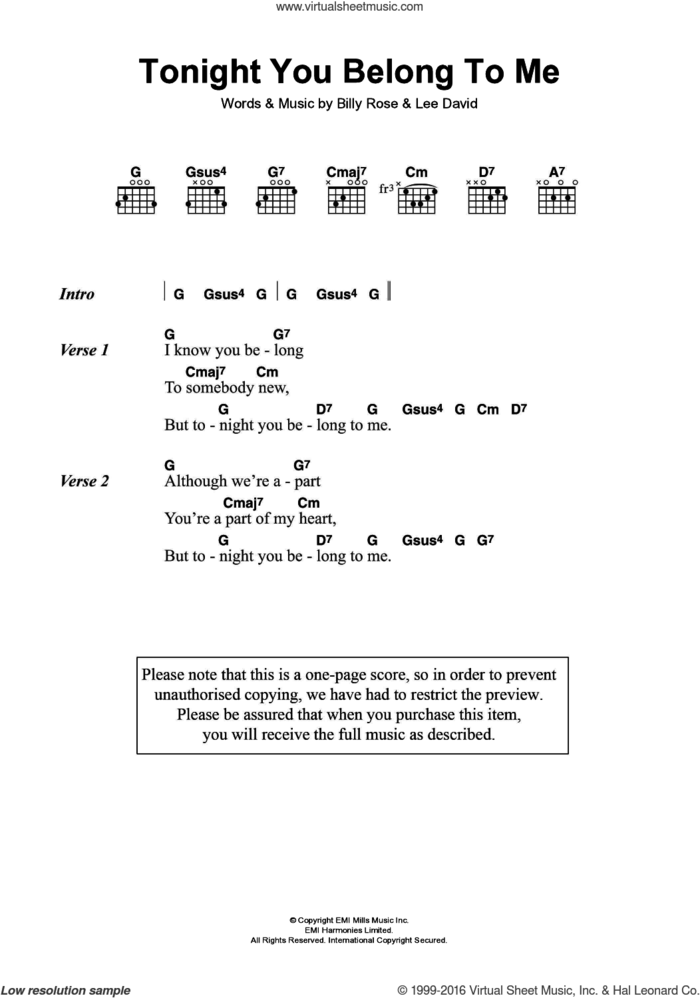 Tonight You Belong To Me sheet music for guitar (chords) by Eddie Vedder, Billy Rose and Lee David, intermediate skill level