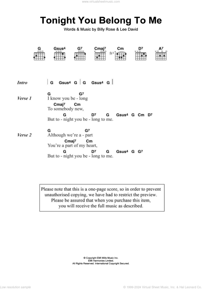 Tonight You Belong To Me sheet music for guitar (chords) by Eddie Vedder, Billy Rose and Lee David, intermediate skill level