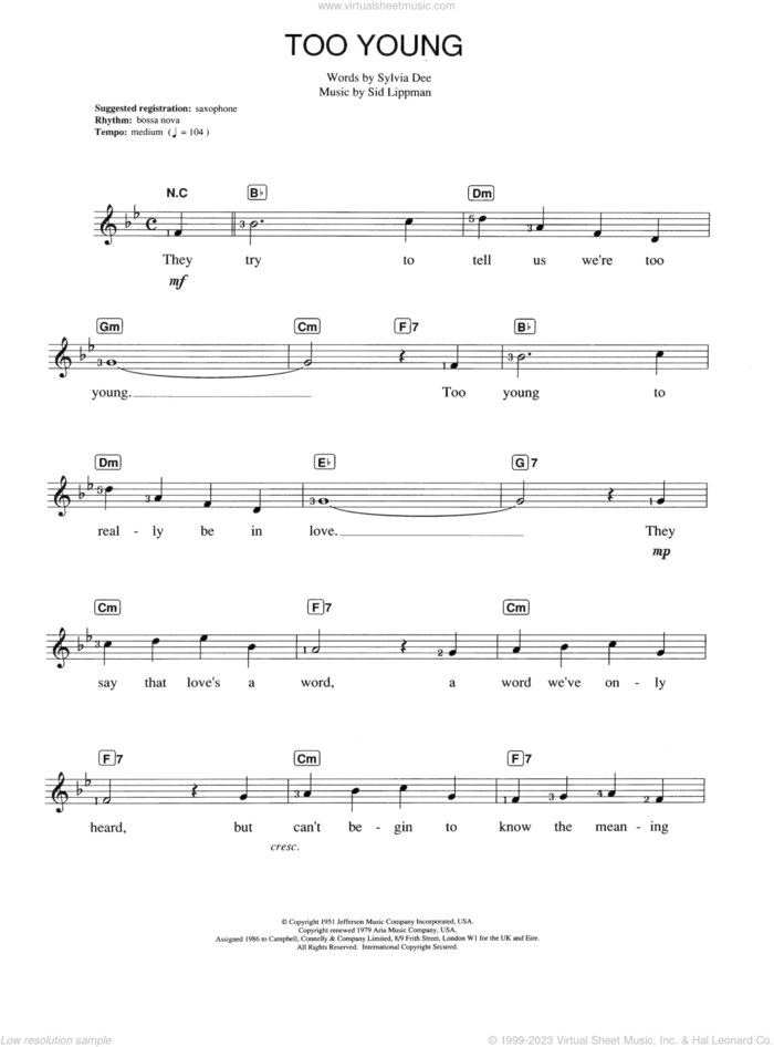 Too Young sheet music for piano solo (chords, lyrics, melody) by Nat King Cole, Sidney Lippman and Sylvia Dee, intermediate piano (chords, lyrics, melody)