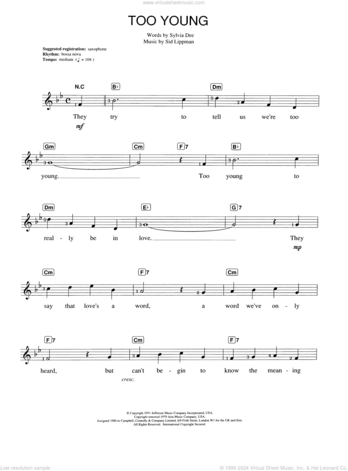 Too Young sheet music for piano solo (chords, lyrics, melody) by Nat King Cole, Sidney Lippman and Sylvia Dee, intermediate piano (chords, lyrics, melody)