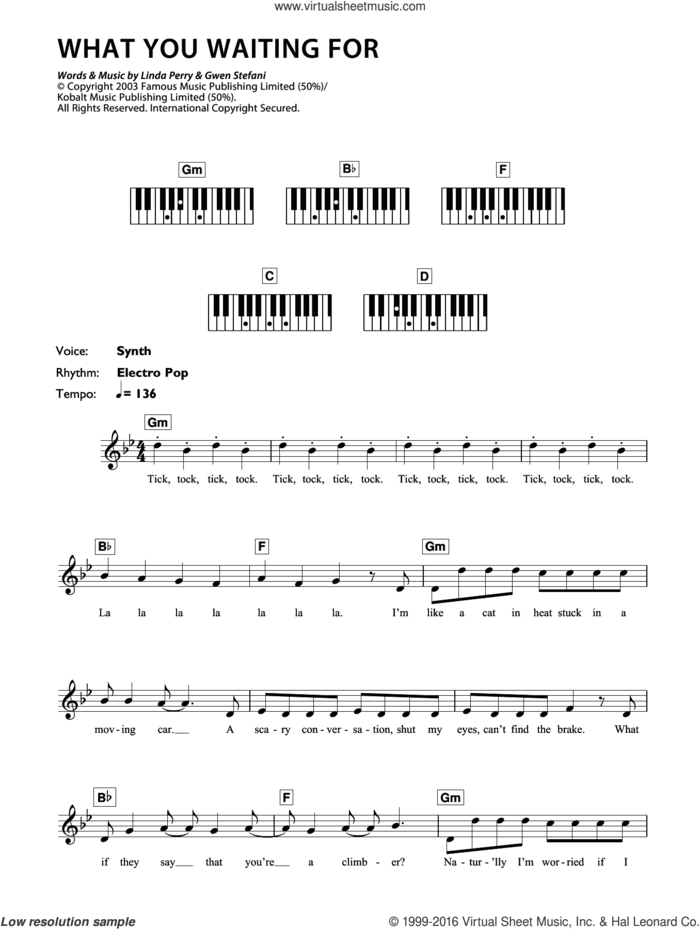 What You Waiting For sheet music for piano solo (chords, lyrics, melody) by Gwen Stefani and Linda Perry, intermediate piano (chords, lyrics, melody)