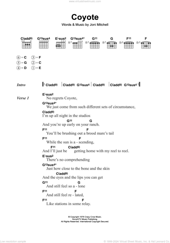 Coyote sheet music for guitar (chords) by Joni Mitchell, intermediate skill level