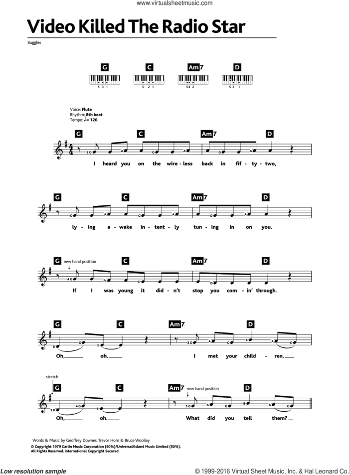 Video Killed The Radio Star sheet music for piano solo (chords, lyrics, melody) by The Buggles, Bruce Woolley, Geoff Downes and Trevor Horn, intermediate piano (chords, lyrics, melody)