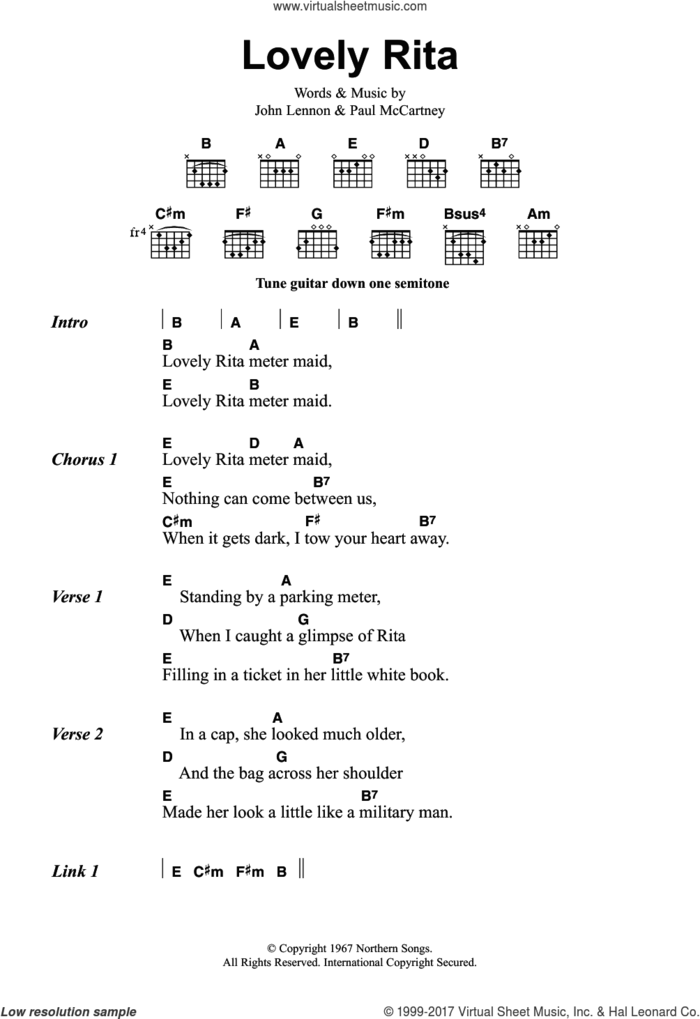 Lovely Rita sheet music for guitar (chords) by The Beatles, John Lennon and Paul McCartney, intermediate skill level