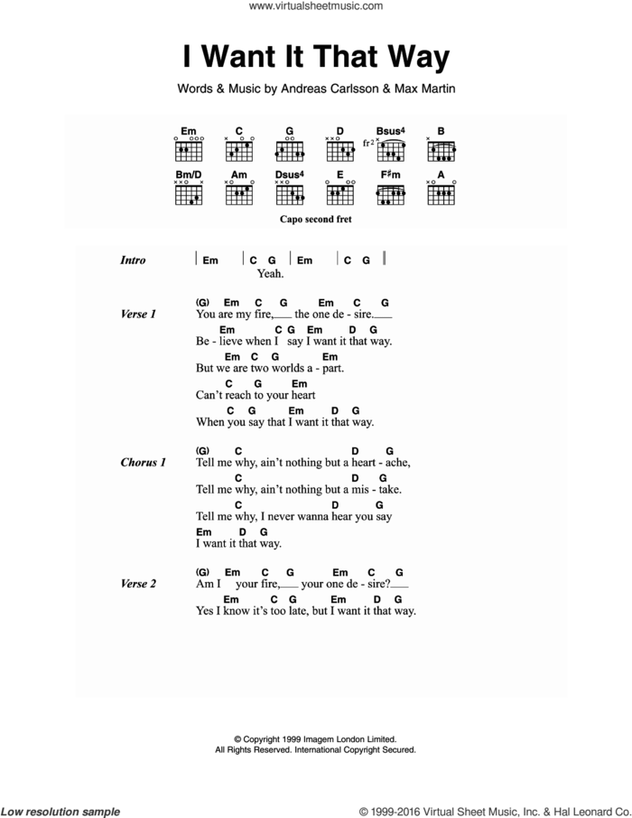 I Want It That Way sheet music for guitar (chords) by Backstreet Boys, Andreas Carlsson and Max Martin, intermediate skill level
