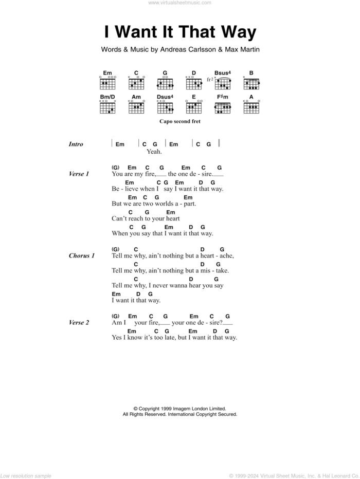 I Want It That Way sheet music for guitar (chords) by Backstreet Boys, Andreas Carlsson and Max Martin, intermediate skill level