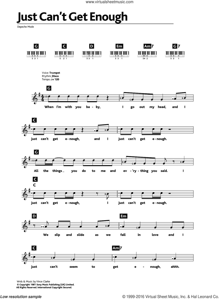 Just Can't Get Enough sheet music for piano solo (chords, lyrics, melody) by Depeche Mode and Vince Clarke, intermediate piano (chords, lyrics, melody)