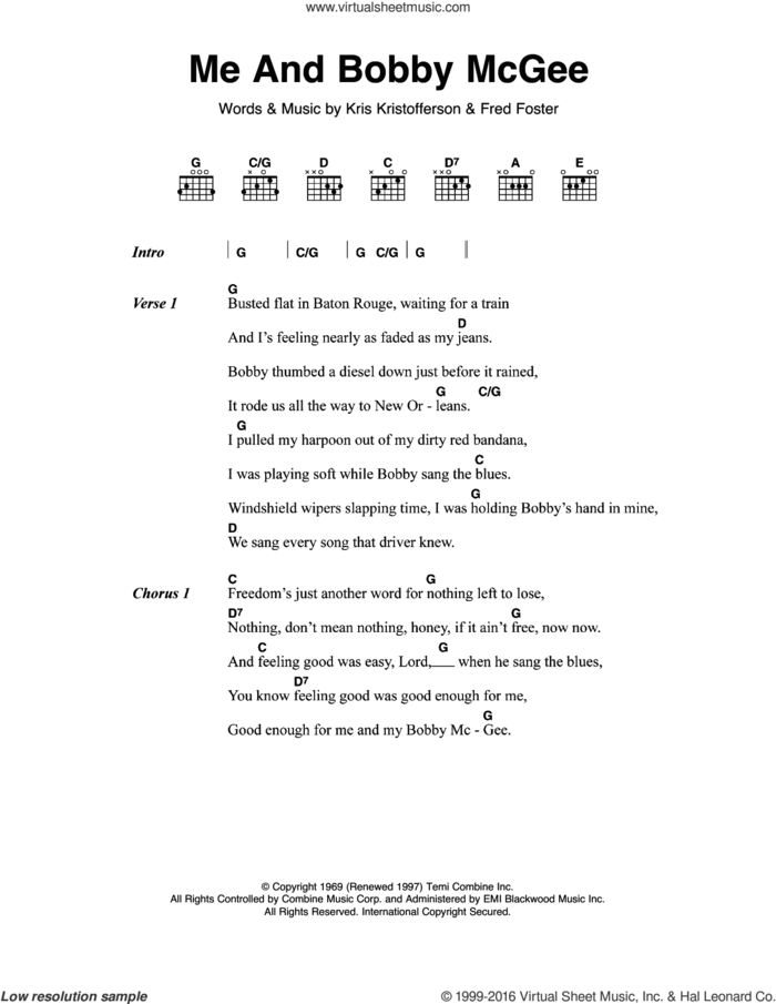 Me And Bobby McGee sheet music for guitar (chords) by Janis Joplin, Fred Foster and Kris Kristofferson, intermediate skill level