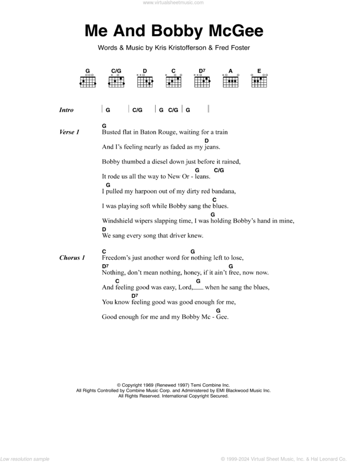 Me And Bobby McGee sheet music for guitar (chords) by Janis Joplin, Fred Foster and Kris Kristofferson, intermediate skill level