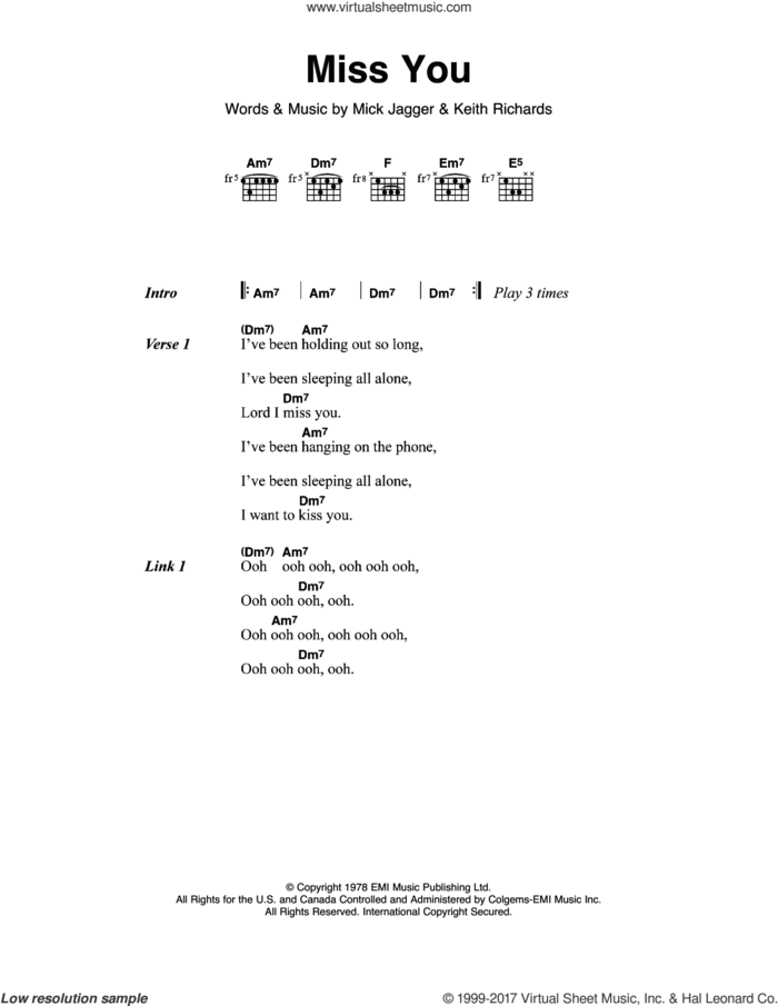 Miss You sheet music for guitar (chords) by The Rolling Stones, Keith Richards and Mick Jagger, intermediate skill level