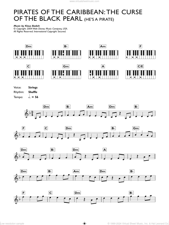 He's A Pirate (from Pirates Of The Caribbean: The Curse Of The Black Pearl) sheet music for piano solo (chords, lyrics, melody) by Klaus Badelt, intermediate piano (chords, lyrics, melody)