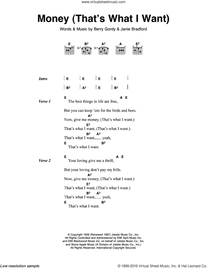 Money (That's What I Want) sheet music for guitar (chords) by The Beatles, Berry Gordy and Janie Bradford, intermediate skill level
