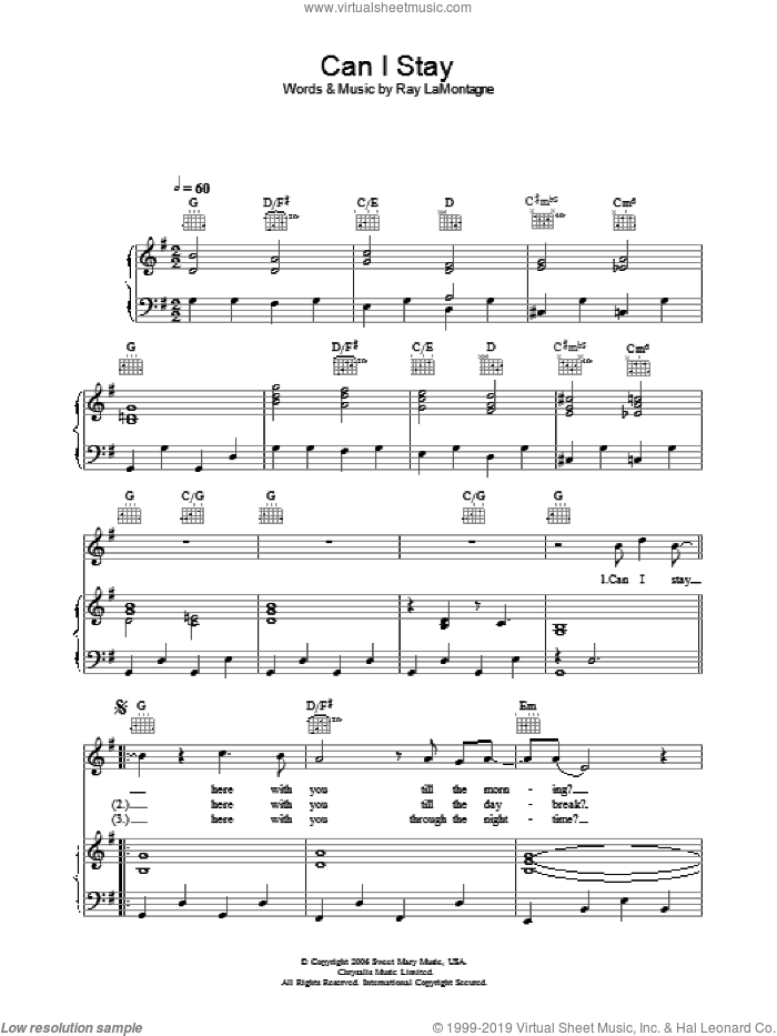 Can I Stay sheet music for voice, piano or guitar by Ray LaMontagne, intermediate skill level