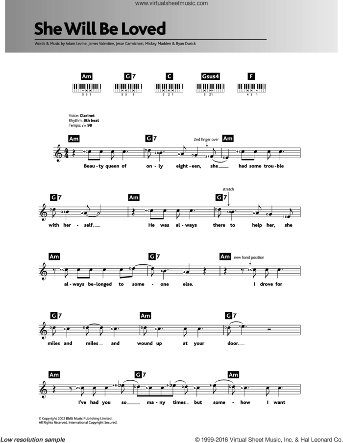 She Will Be Loved sheet music for piano solo (chords, lyrics, melody) by Maroon 5, Adam Levine, James Valentine, Jesse Carmichael, Michael Madden and Ryan Dusick, intermediate piano (chords, lyrics, melody)