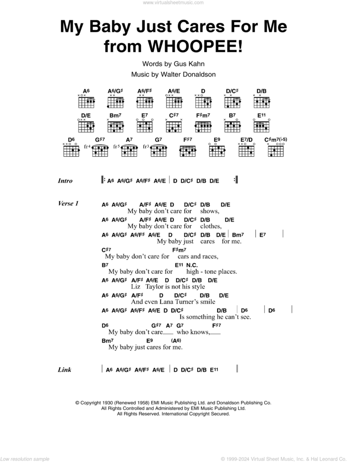 My Baby Just Cares For Me sheet music for guitar (chords) by Nina Simone, Gus Kahn and Walter Donaldson, intermediate skill level