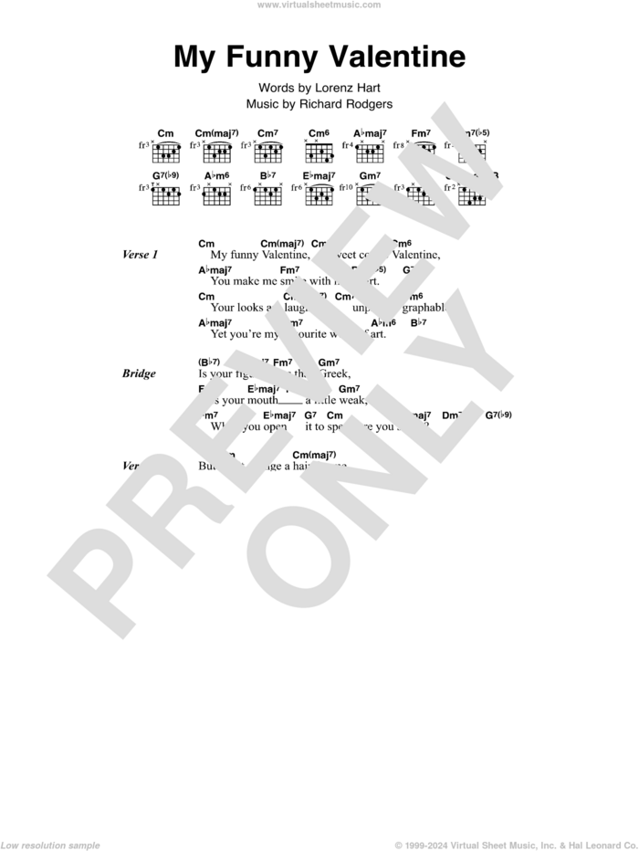 My Funny Valentine sheet music for guitar (chords) by Chet Baker, Elvis Costello, Lorenz Hart and Richard Rodgers, intermediate skill level