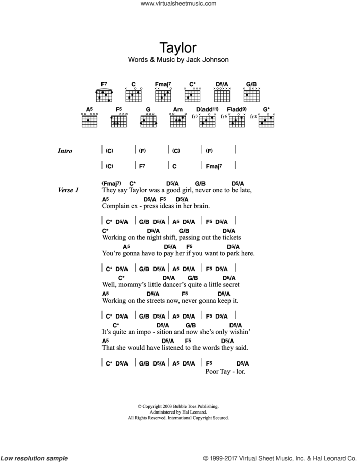 Taylor sheet music for guitar (chords) by Jack Johnson, intermediate skill level