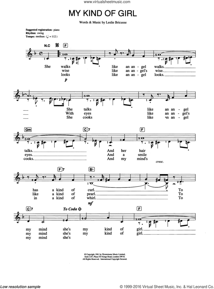 My Kind Of Girl sheet music for piano solo (chords, lyrics, melody) by Matt Monro and Leslie Bricusse, intermediate piano (chords, lyrics, melody)