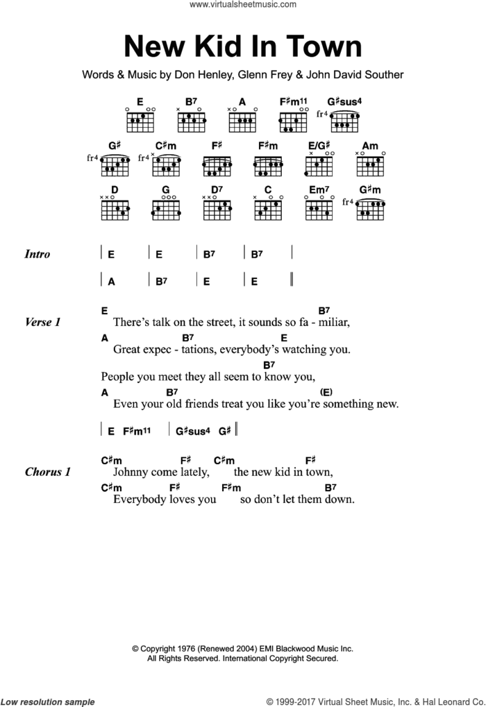 New Kid In Town sheet music for guitar (chords) by Don Henley, The Eagles, Glenn Frey and John David Souther, intermediate skill level