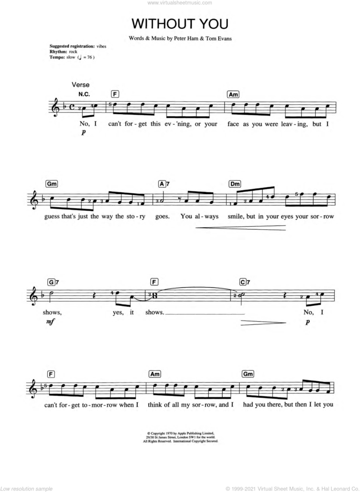 Without You sheet music for piano solo (chords, lyrics, melody) by Harry Nilsson, Pete Ham and Tom Evans, intermediate piano (chords, lyrics, melody)