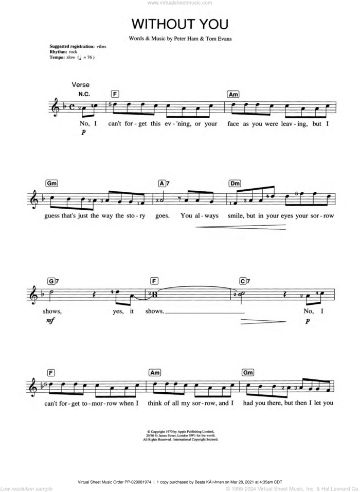 Without You sheet music for piano solo (chords, lyrics, melody) by Harry Nilsson, Pete Ham and Tom Evans, intermediate piano (chords, lyrics, melody)