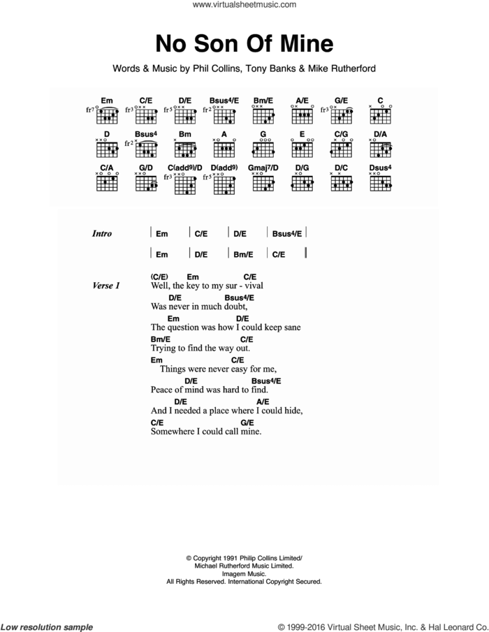 No Son Of Mine sheet music for guitar (chords) by Genesis, Mike Rutherford, Phil Collins and Tony Banks, intermediate skill level