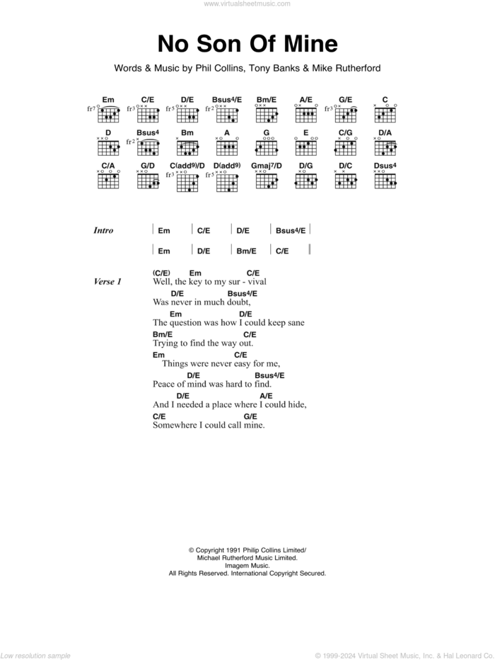 No Son Of Mine sheet music for guitar (chords) by Genesis, Mike Rutherford, Phil Collins and Tony Banks, intermediate skill level