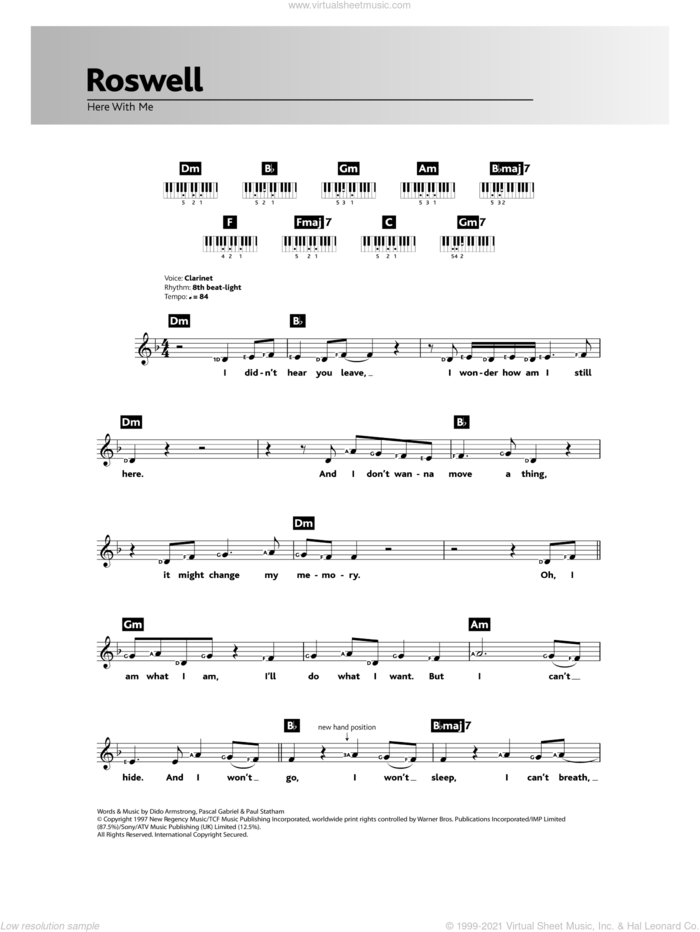 Here With Me (Theme from Roswell) sheet music for piano solo (chords, lyrics, melody) by Dido Armstrong, Pascal Gabriel and Paul Statham, intermediate piano (chords, lyrics, melody)