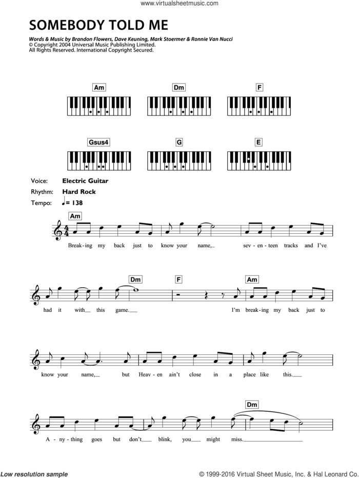 Somebody Told Me sheet music for piano solo (chords, lyrics, melody) by The Killers, Brandon Flowers, Dave Keuning, Mark Stoermer and Ronnie Vannucci, intermediate piano (chords, lyrics, melody)