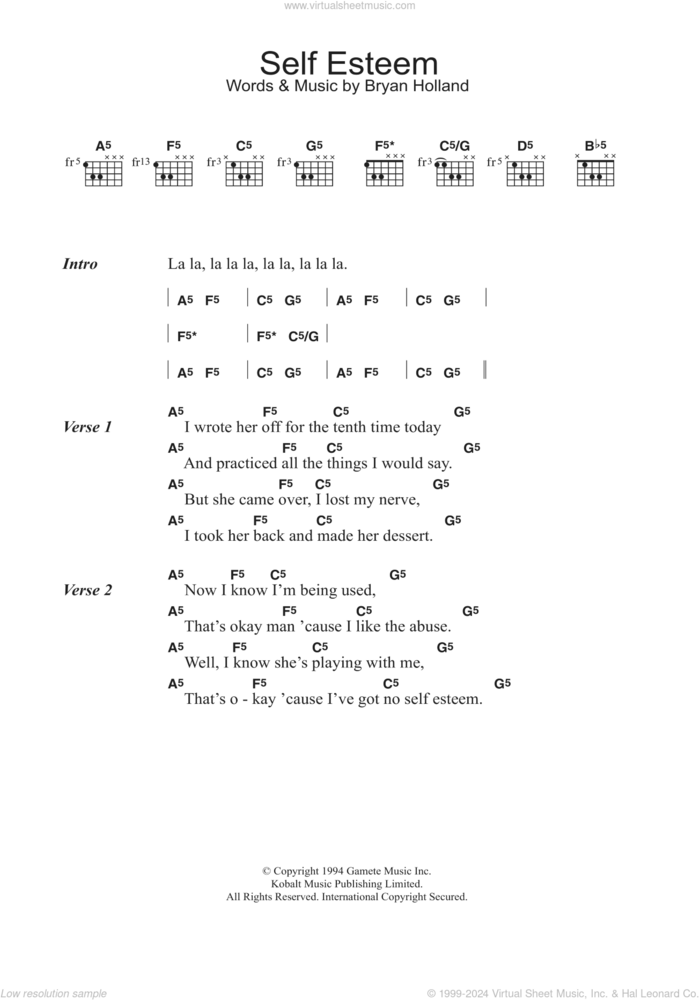 Self Esteem sheet music for guitar (chords) by The Offspring and Bryan Holland, intermediate skill level